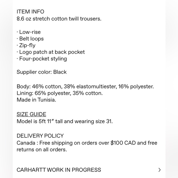 Carhart WIP black Sid chino pants size 29x30 in very good condition - Picture 10 of 10